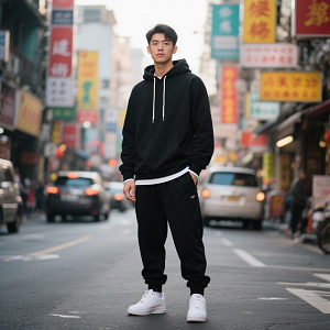 黑色連帽衛(wèi)衣工服定制套裝男